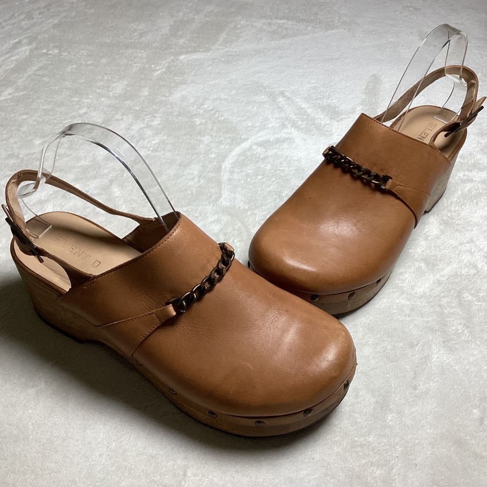 Silent D Tan Leather Slingback Chain Clogs Wood Platform Block Heel Brown EU 41